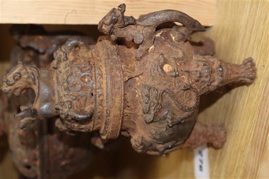 Two Chinese cast iron censers and a bust of Buddha, tallest 24cm